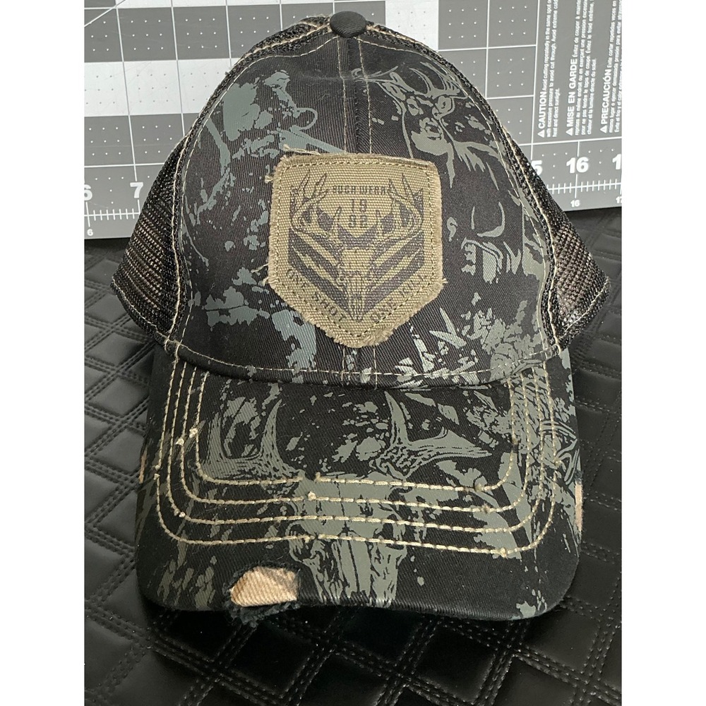 Buck Wear Antler Camo Trucker Hat Snapback Distressed Patch Mesh Cap Black Gray